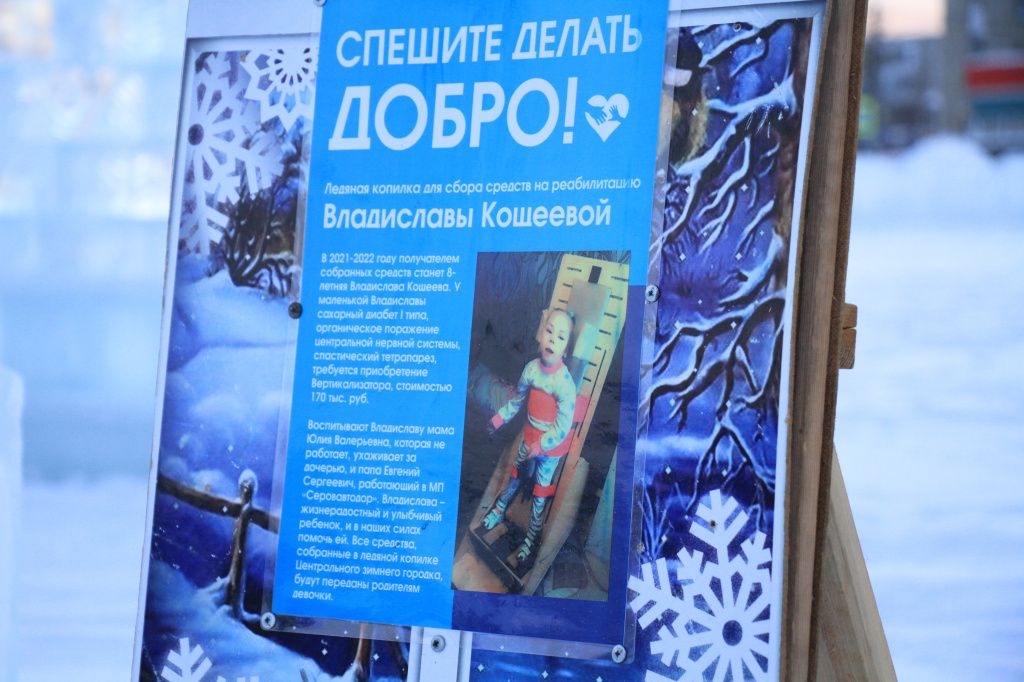 Ледяная копилка в зимнем городке была установлена 21 декабря для сбора средств для 8-летней Владиславы Кощеевой. Фото: Константин Бобылев, "Глобус"