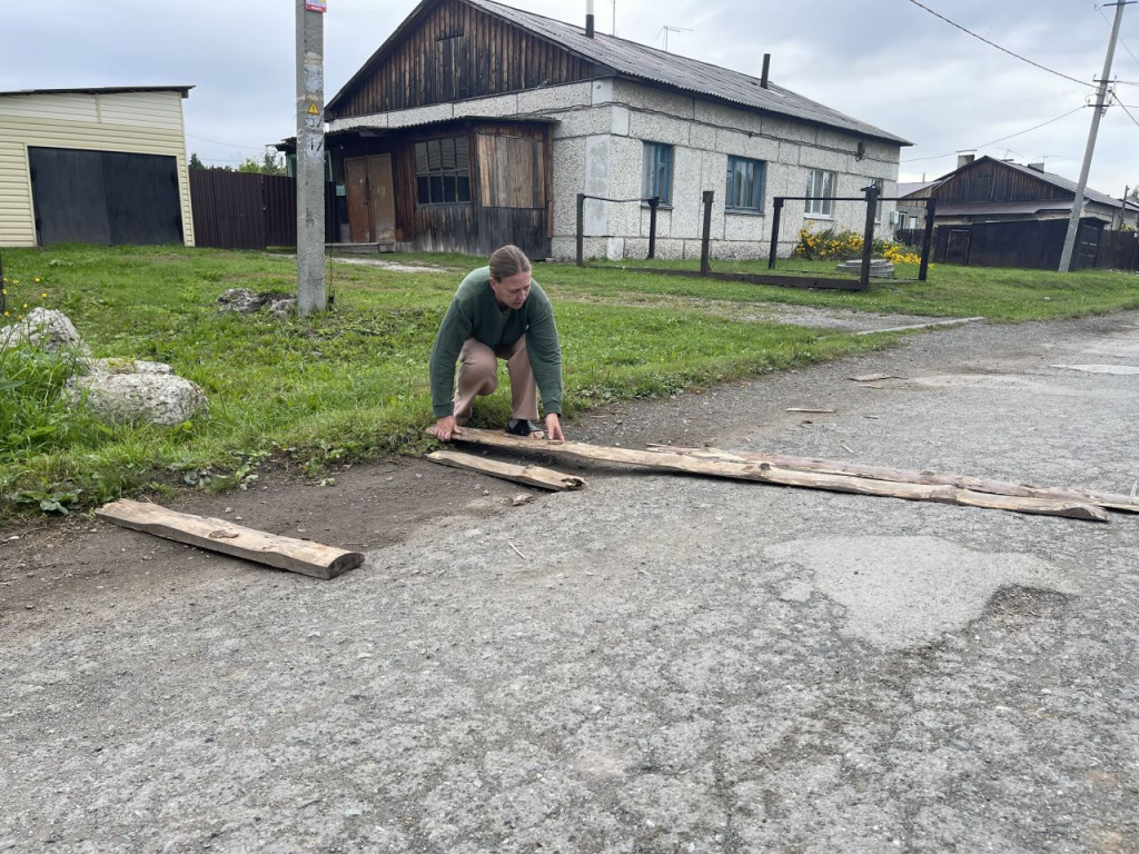 Чтобы снизить скорость у машин, люди сами сделали лежачие полицейские - из горбыля. Фото: Анна Куприянова, "Глобус"