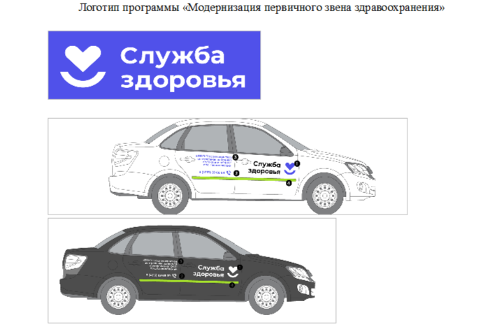 На легковых автомобилей, которые предназначены для медучреждений будет размещен логотип программы «Модернизация первичного звена здравоохранения». Иллюстрация из конкурсной документации
