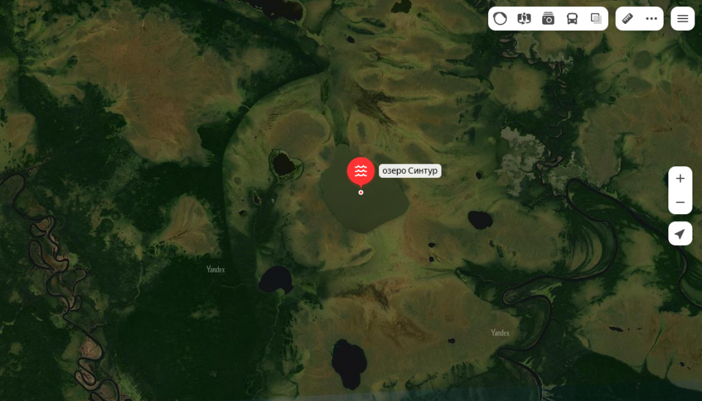 Озеро Синтур. Иллюстрация спутниковая карта Яндекс
