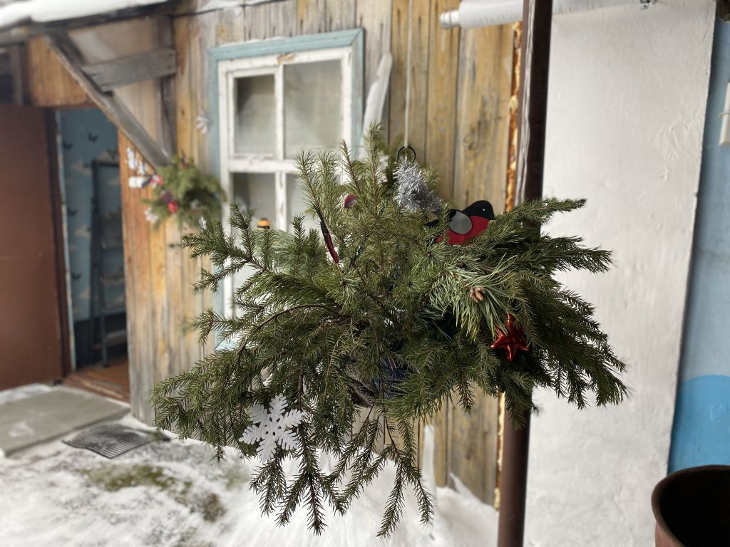 Перед домом висит зимняя композиция, созданная в кашпо. Фото: Анна Куприянова, "Глобус"