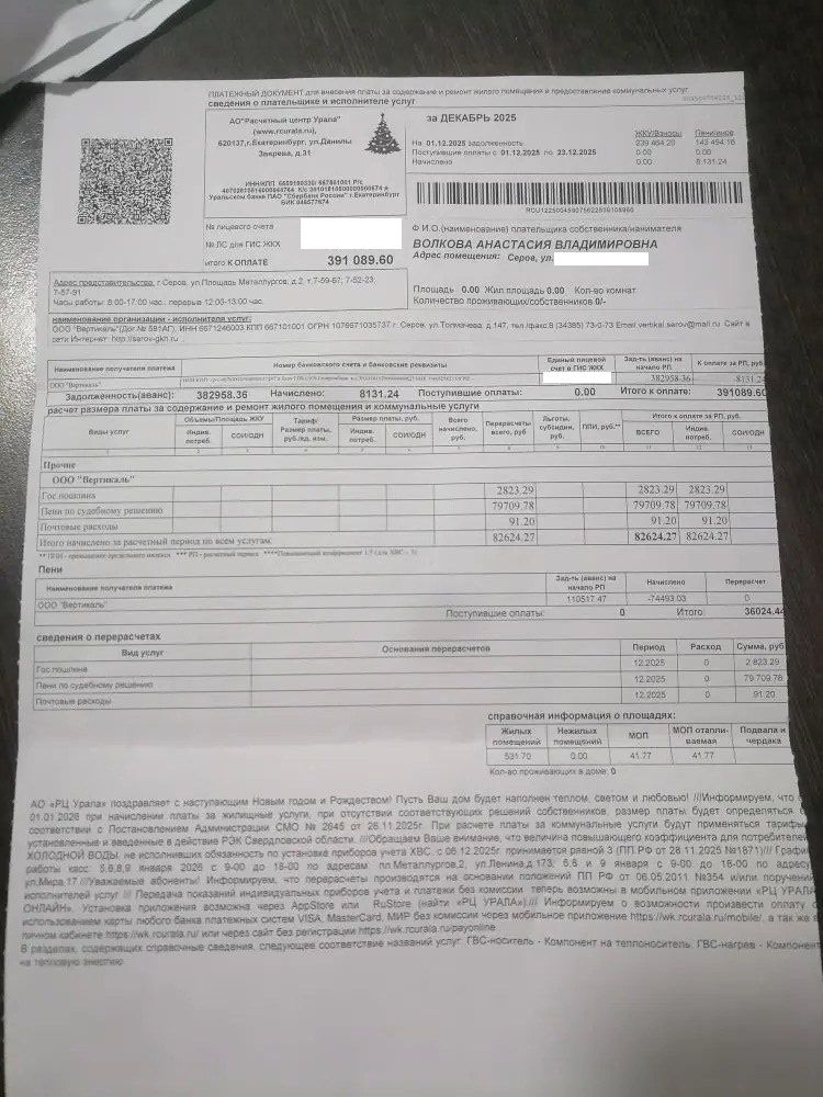 Одна из квитанций с долгом за услуги "Вертикали". Фото предоставила Анастасия Волкова Одна из квитанций Анастасии с долгом за услуги "Вертикали". Фото предоставила Анастасия Волкова