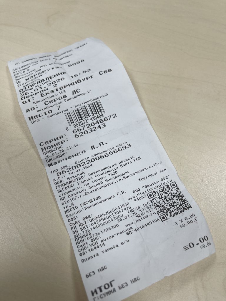 Судя по билету, приехать в Серов мужчина должен был 26 января в 21 час 46 минут. А добрался до него лишь утром 27 января. Фото: Анна Куприянова, "Глобус"