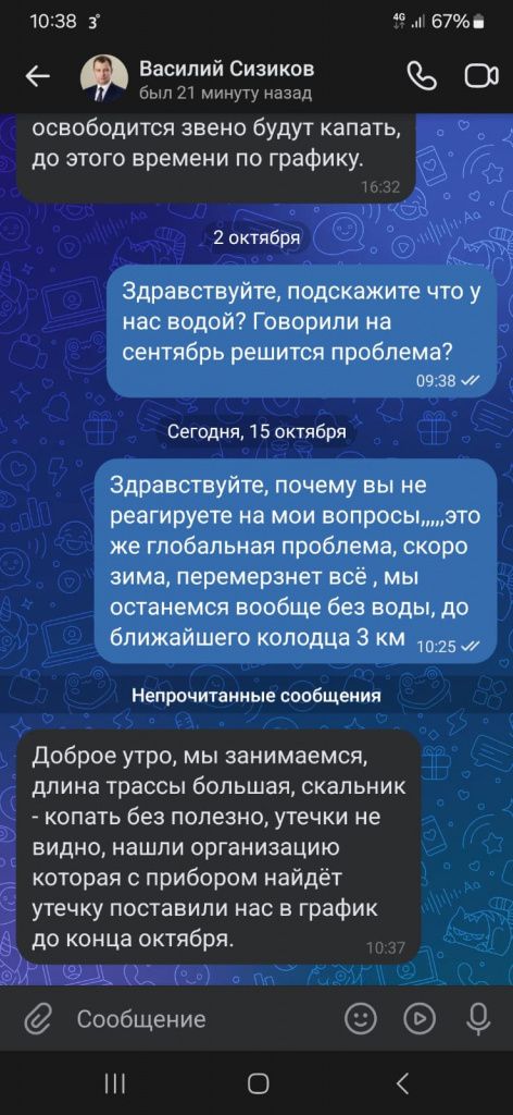 Скриншот переписки с главой городского округа