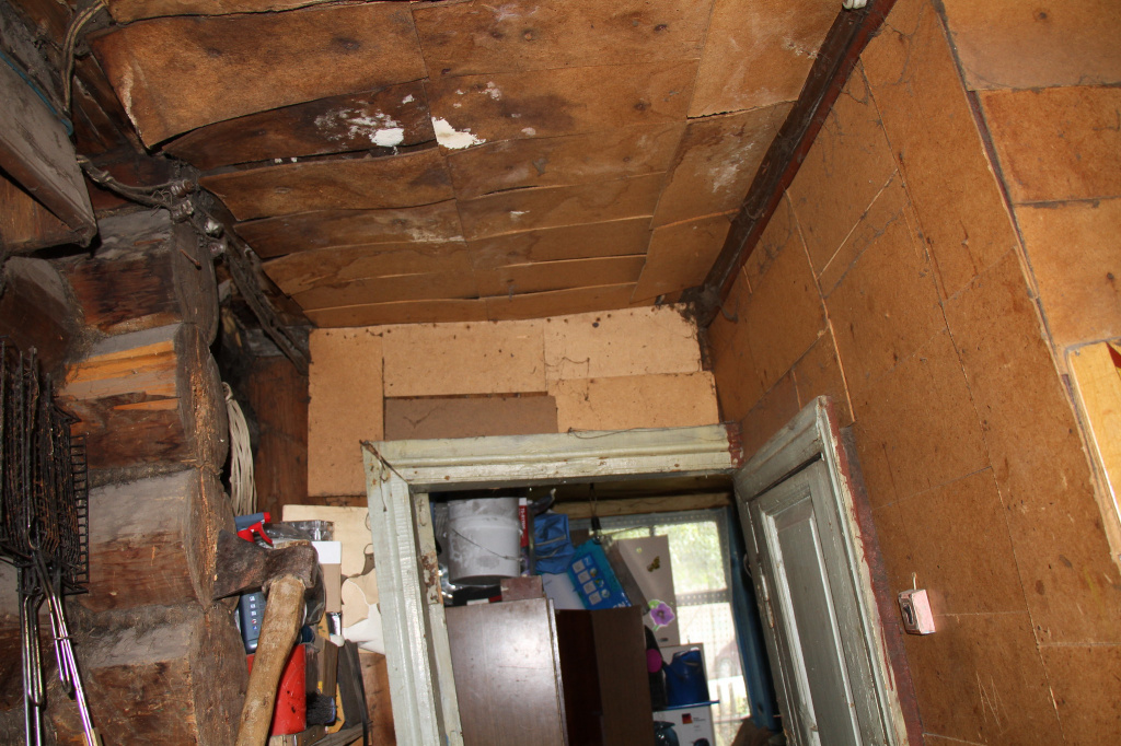 Сени. На потолке следы от протечек. дверь перекошена. Конструкция буквально отваливается от дома. Фото: Константин Бобылев, "Глобус"