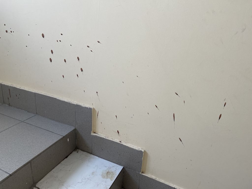 На стенах в районе пятого этажа бурые пятна. Очень похожи на засохшую кровь. Фото: Анна Куприянова, "Глобус"