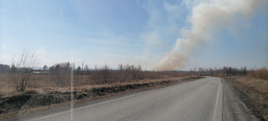 У села Романово горят заливные луга